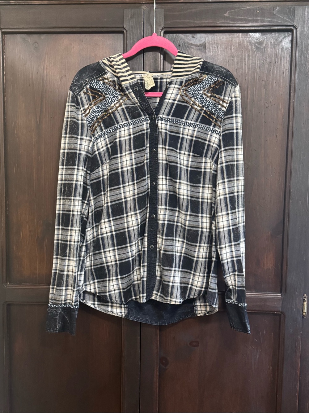 Gimmicks by BKE Pieced Hooded Plaid Button-Up Shirt size Large 90s Y2K